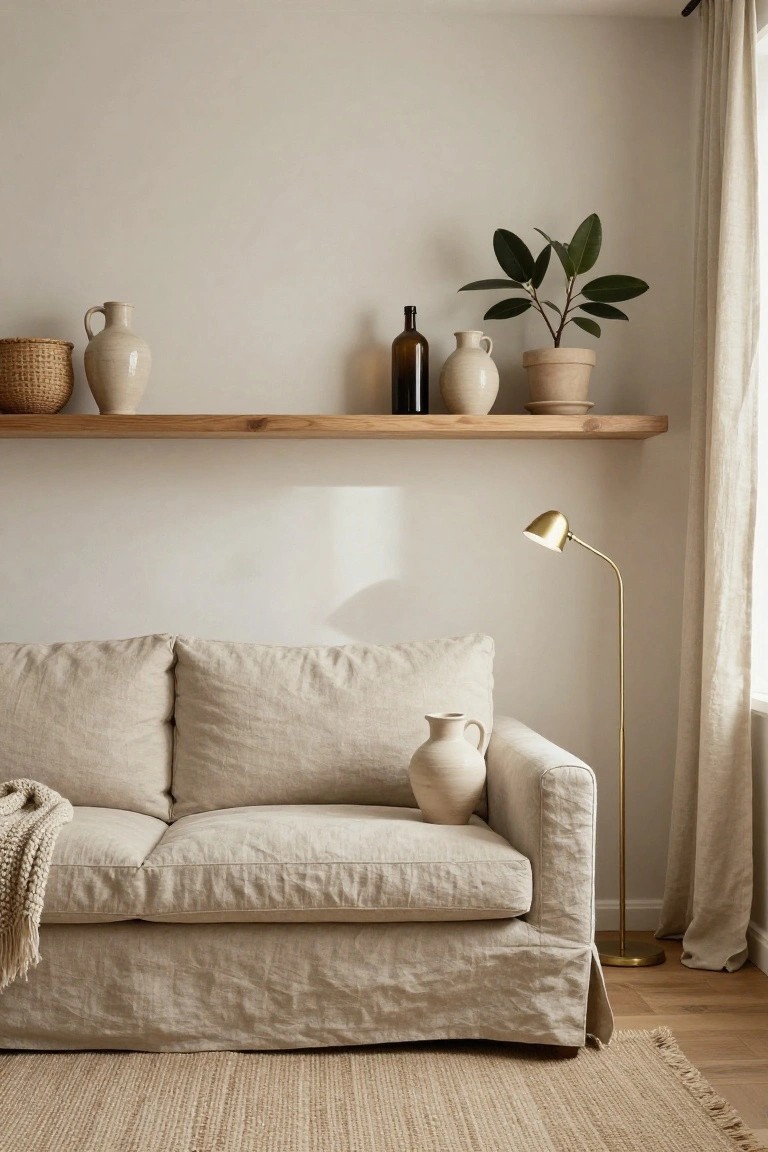 A cream linen sofa in a light beige living room under a wooden floating shelf displaying woven baskets, ceramic vases, a potted plant, and a brown glass bottle, next to a gold arc floor lamp and sheer curtains.