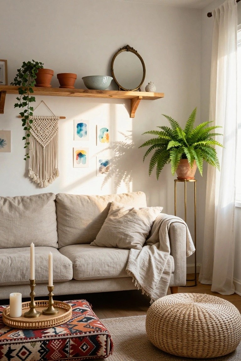 Light-filled living room with beige linen sofa, wooden floating shelf above displaying terracotta pots with ivy, a white ceramic bowl, small vase, and nearby gold mirror, plus wall art, macrame hanging, and potted fern on gold stand.