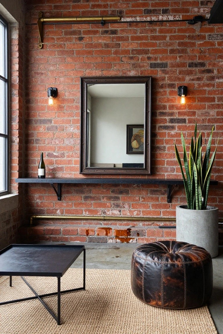Exposed brick interior wall with black floating shelf holding a wine bottle, flanked by a large framed mirror and potted snake plant, low black metal table, leather pouf, and jute rug in foreground.