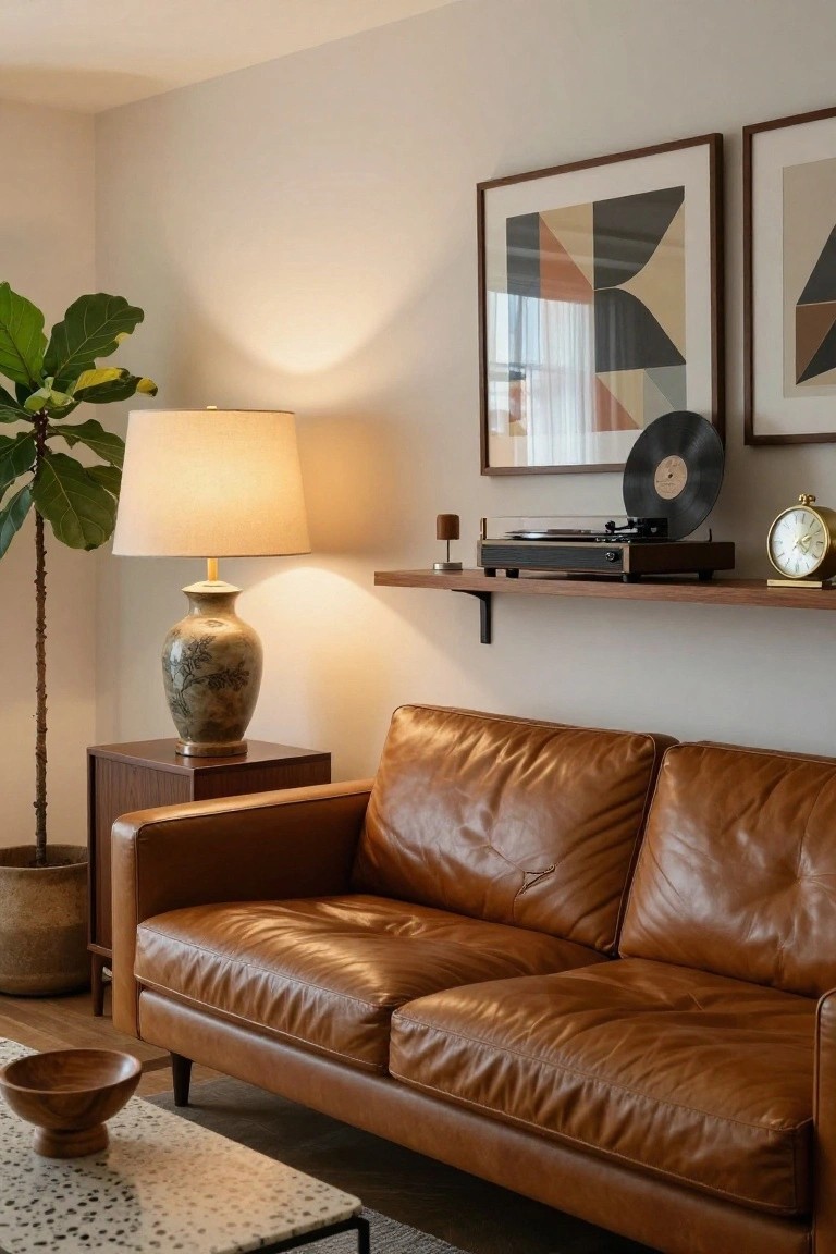 Living room corner with tan leather sofa, floating wooden shelf above holding turntable with black vinyl record, gold clock, and small speaker, fiddle leaf fig plant nearby, abstract art on wall.