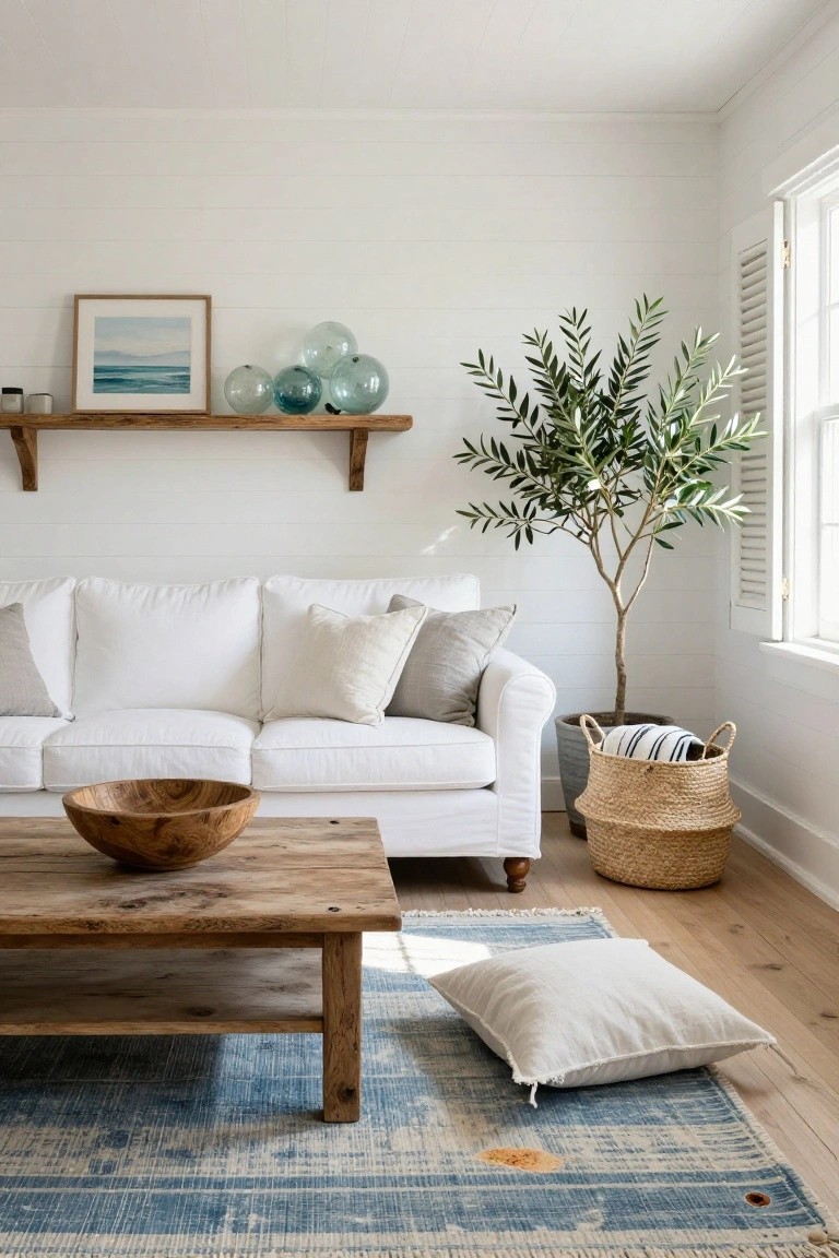 White three-seater sofa in a shiplap-walled living room with wooden bracket shelves above displaying a framed seascape painting and clustered blue glass orbs, olive tree in corner, wooden coffee table, and blue rug on wood floors.