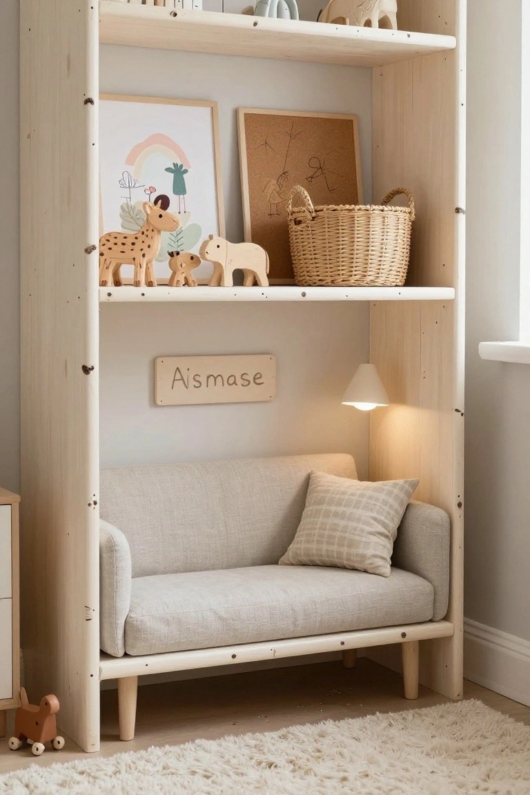 Tall wooden shelving unit with toys including giraffes and elephants, art prints, books, and a woven basket on upper shelves above a small gray sofa, name plaque reading Aismasese, and wall lamp in a light child's room.