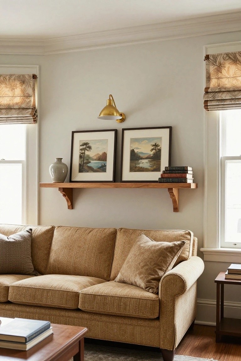 Living room with beige sofa, wooden shelf, framed art, and wall sconce.