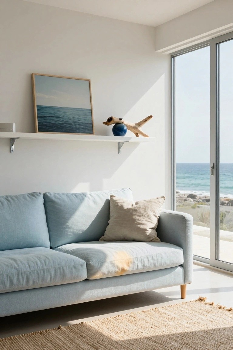 White room with light blue linen sofa, floating wooden shelf above holding framed seascape painting, blue vase, and driftwood dog sculpture, beside sliding glass doors to ocean view.
