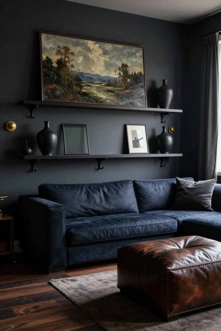 Dark gray living room wall with two black floating shelves above a navy velvet L-shaped sofa, upper shelf holding large framed landscape painting and two tall black vases, lower shelf with smaller black vases and frames, gold wall sconces, brown leather ottoman on wood floor with gray rug.