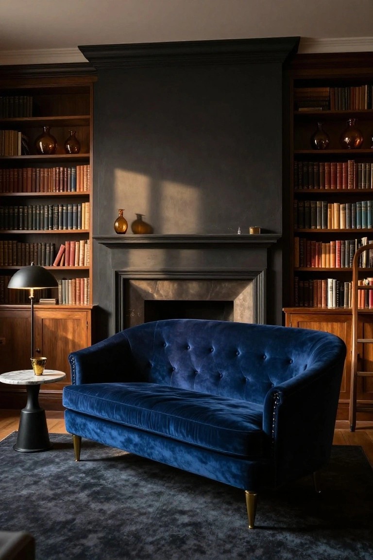 A curved navy blue tufted velvet loveseat with brass legs positioned in front of a dark stone fireplace, flanked by tall wooden bookshelves filled with books, beside a black lamp on a wooden cabinet and a small round side table.