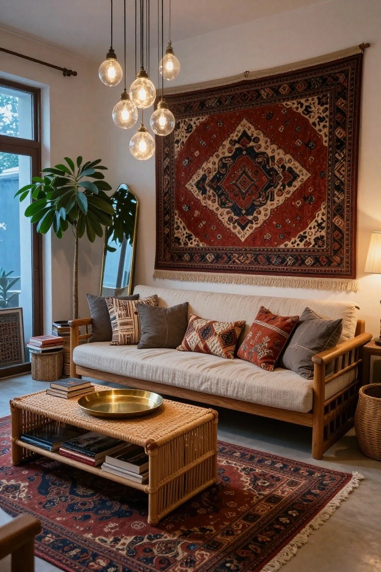 Cozy living room with wooden sofa, red Persian rug, hanging lights, and rattan coffee table.