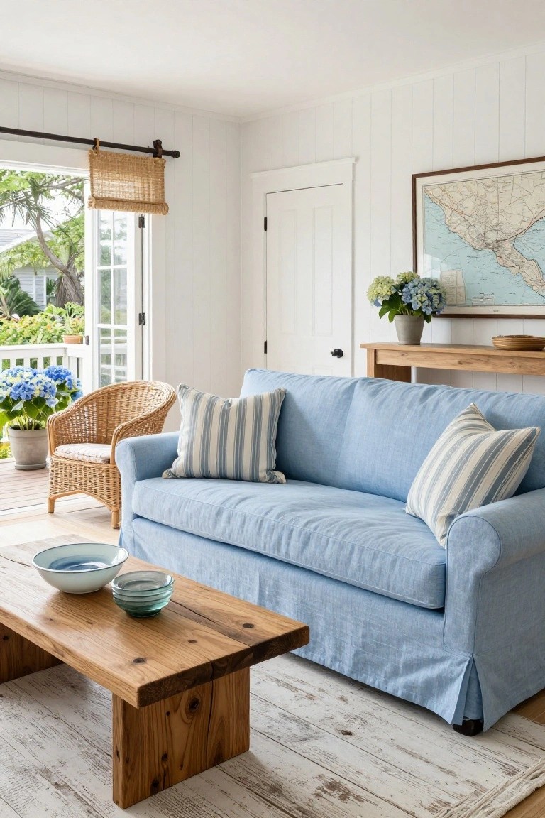Living room with light blue slipcovered sofa, wooden coffee table holding blue-rimmed bowls, rattan armchair with cushions, hydrangea plants, white shiplap walls, woven shade, and open glass doors to porch with tropical plants.