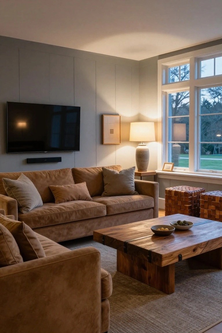 A living room with tan velvet L-shaped sofa, rustic wooden coffee table with bowls, mounted TV and soundbar on gray paneled wall, table lamps, wicker stools, and large windows overlooking a lawn at dusk.
