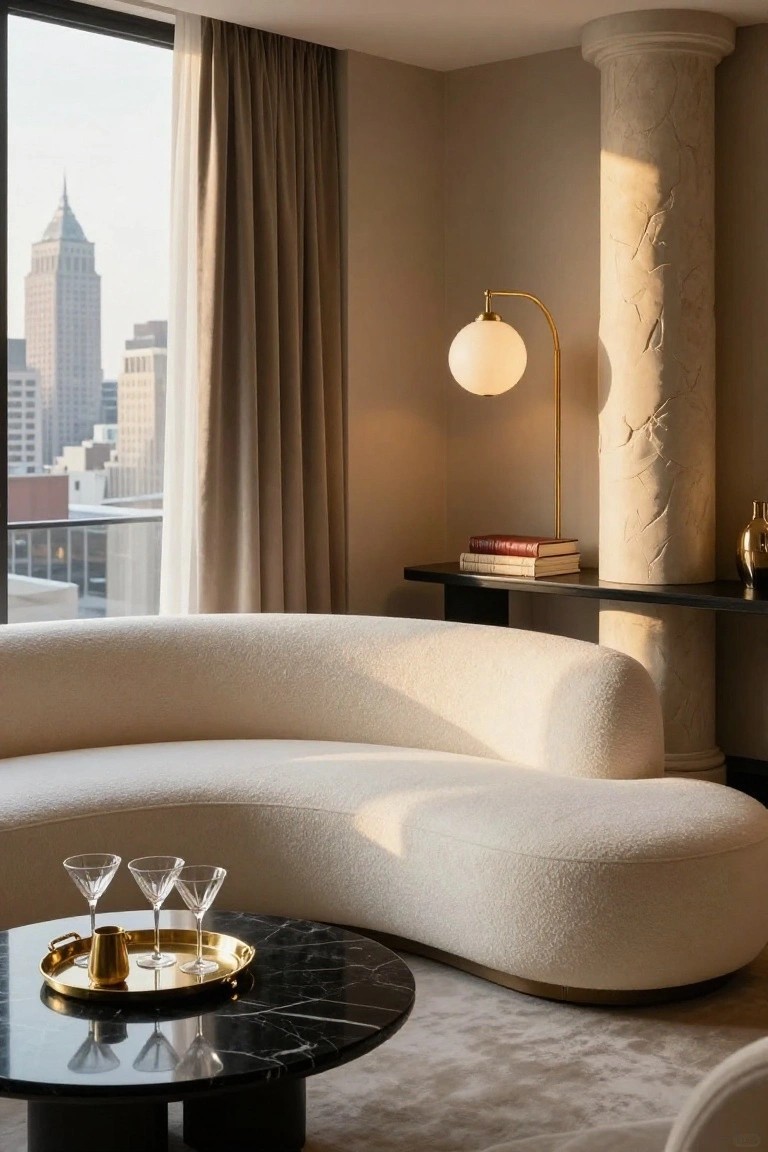 A living room with a large curved cream bouclé sofa in front of a floor-to-ceiling window showing city skyscrapers, a black marble coffee table holding three martini glasses on a gold tray, a gold lamp on a side table next to a carved stone column.