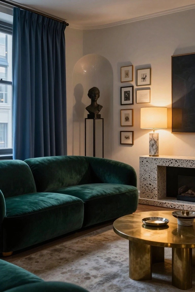 A living room with a large curved emerald green velvet sofa, gold coffee table, terrazzo fireplace, marble lamp, plaster bust on pedestal, and assorted framed artwork on beige walls next to blue curtains.