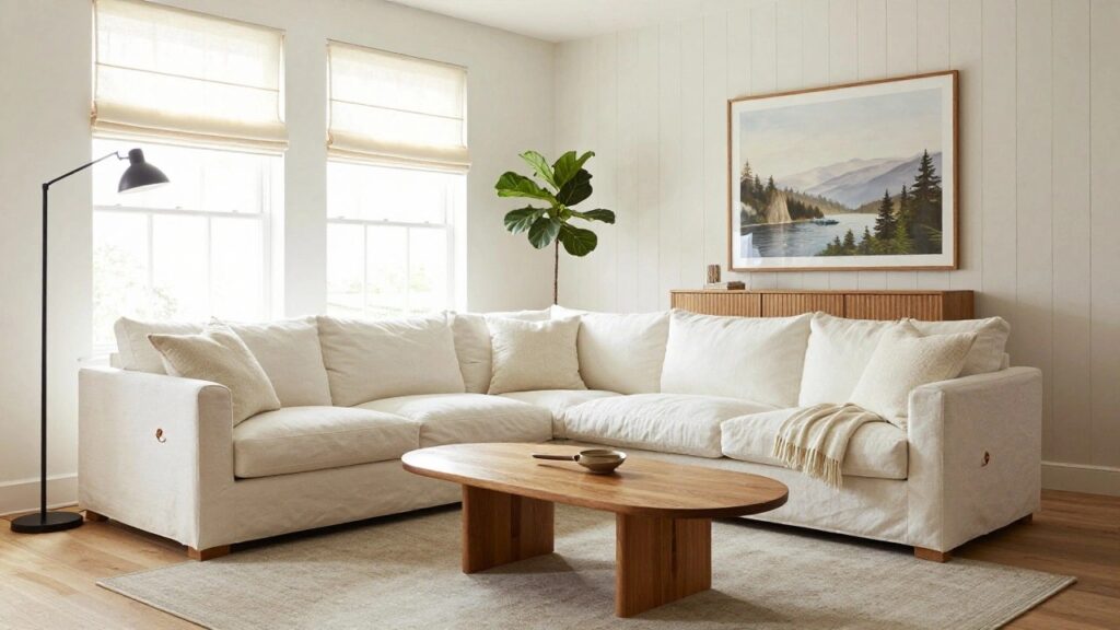 White slipcovered three-seat sofa with beige pillows and throw blanket in a light wood-floored living room featuring a wooden coffee table, potted fiddle leaf fig plant, console table, and window with sheer shades.