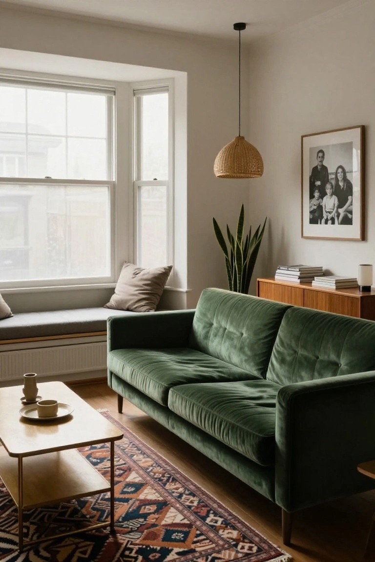 Living room with green velvet two-seater sofa, wooden coffee table on patterned rug, beige window seat cushions, snake plant, teak sideboard, and rattan pendant light near bay window.