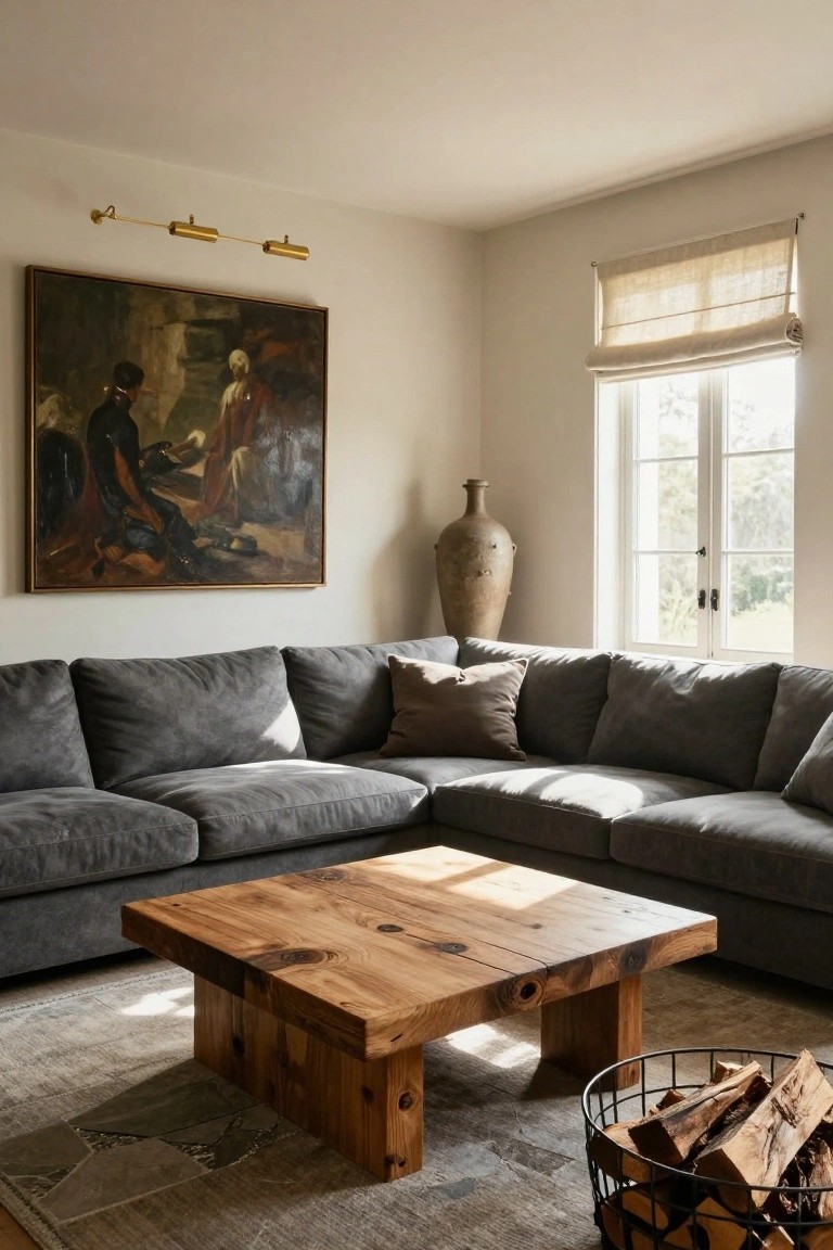 Gray L-shaped fabric sofa in a living room corner next to a window with linen shade, wooden coffee table, large framed painting on wall, terracotta vase, and black metal firewood basket on rug.