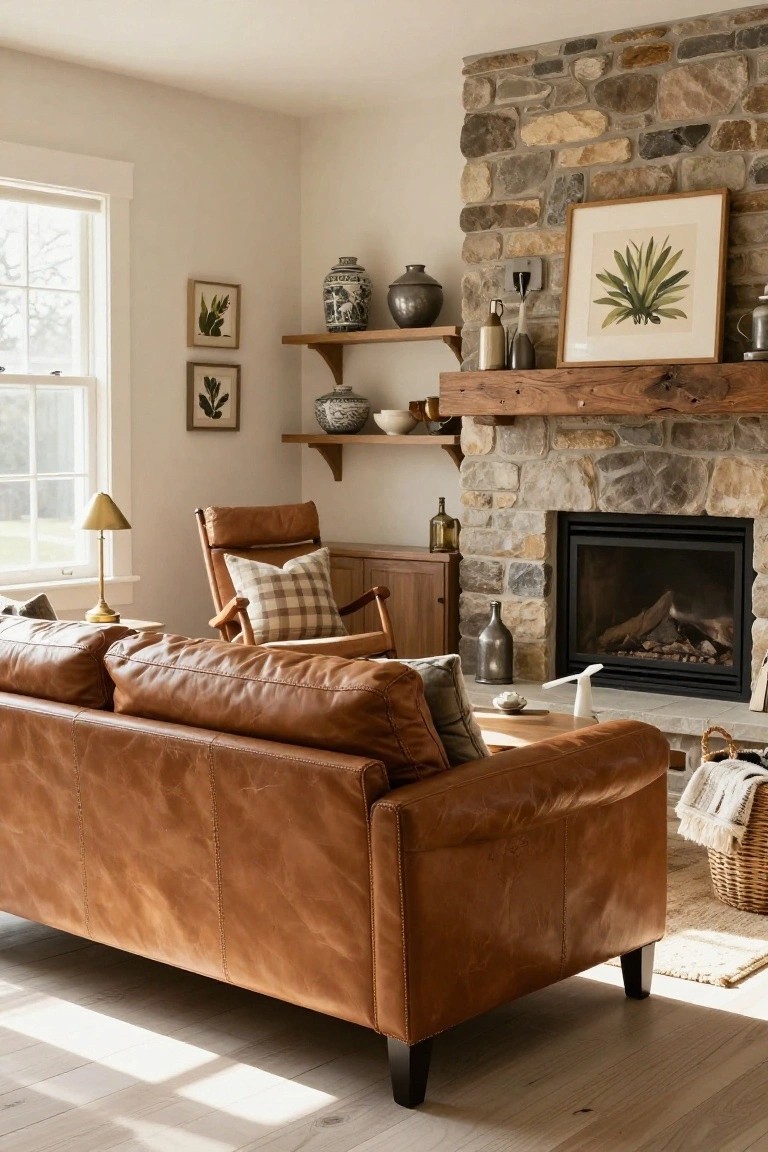 Living room with tan leather sofa facing stone fireplace, wooden mantel shelf with pottery and plants, plaid armchair nearby, window with natural light, and beige walls.