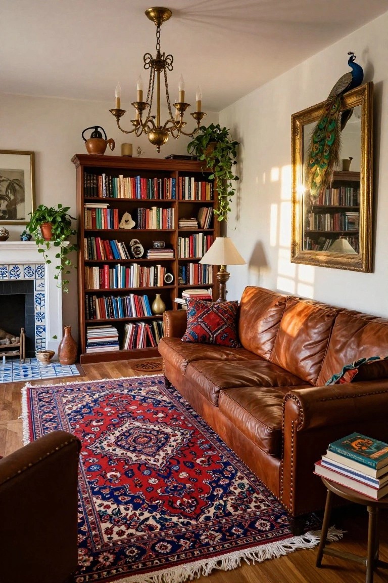 A living room with a tan leather sofa on a red and blue patterned Persian rug, tall wooden bookshelves filled with books, a blue-tiled fireplace, potted plants, brass chandelier, and a gold-framed mirror with a peacock decoration.