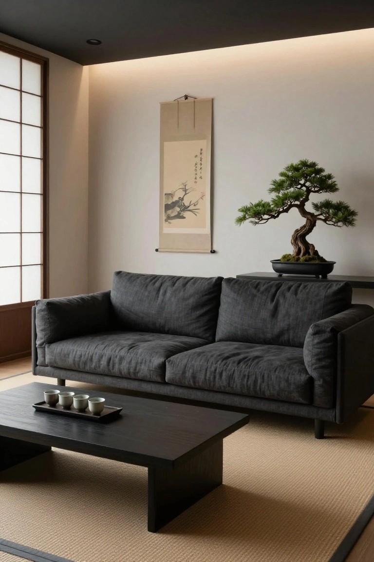 Minimalist Japanese-style living room with low dark gray fabric sofa, black rectangular coffee table holding four white teacups on a tray, bonsai tree in black pot on shelf, hanging ink scroll, shoji screen window, and tan tatami floor mat.