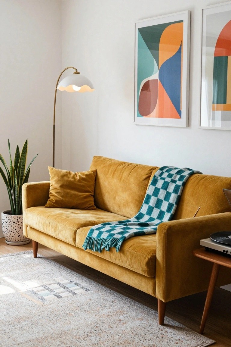 Mustard yellow velvet three-seater sofa on a light rug in a bright living room with white walls, abstract geometric art prints, arched floor lamp, potted snake plant, checkered throw blanket, and wooden side table holding a record player.