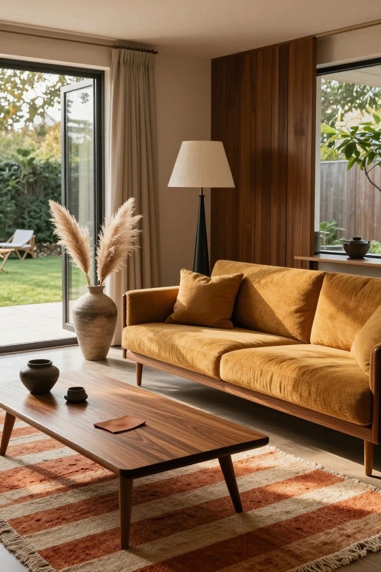 A mustard yellow velvet sofa sits in a living room with wooden walls, a wooden coffee table, pampas grass in a tall vase, and sliding glass doors opening to a garden patio.
