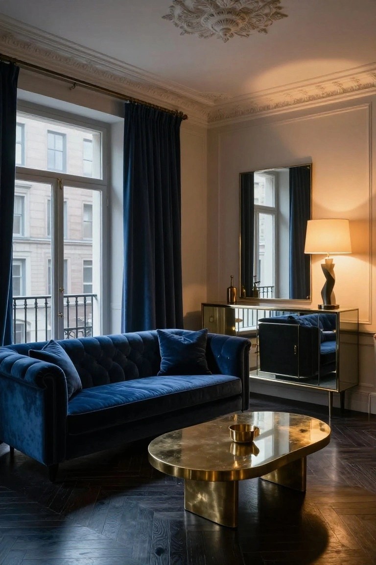 A living room with a navy blue velvet tufted sofa, gold oval coffee table, blue velvet curtains on tall windows, mirrored sideboard, and herringbone wood floors.