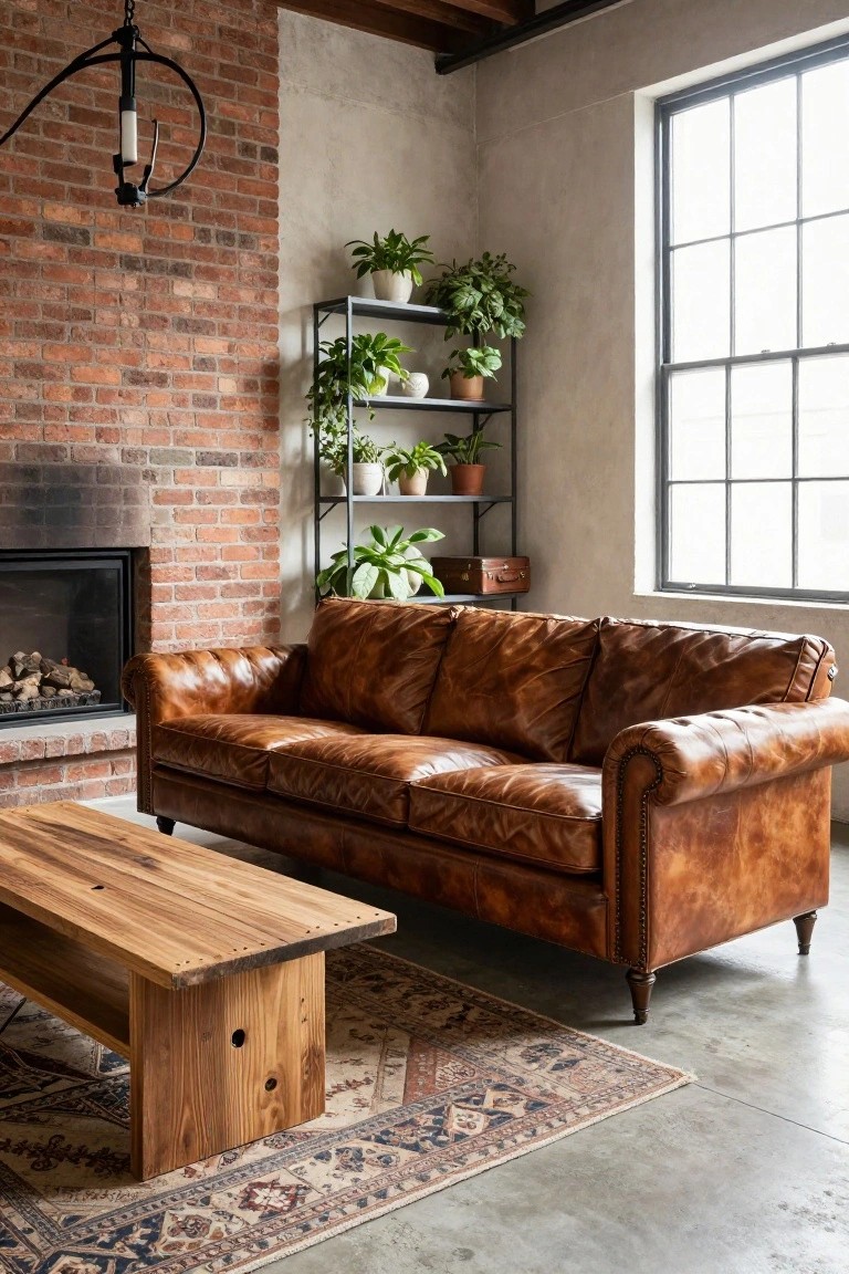 Living room with brown tufted leather sofa facing exposed brick fireplace, wooden coffee table on patterned rug, metal plant shelves, and large window.