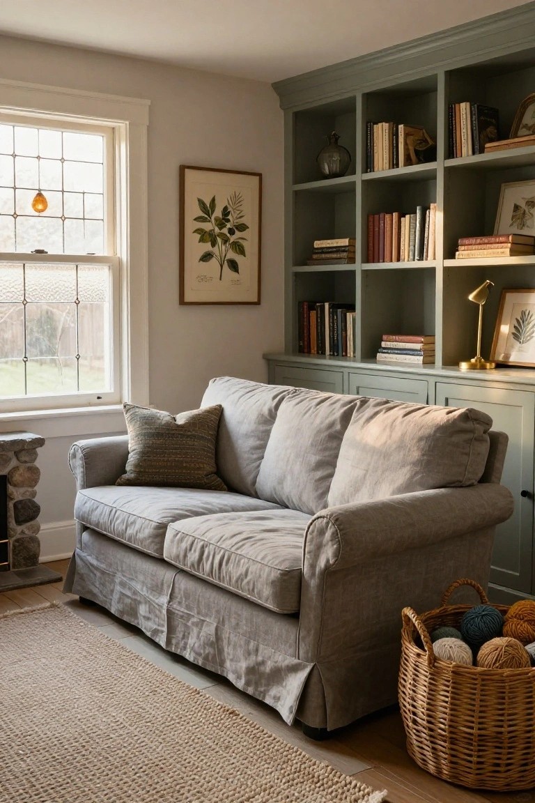 Living room corner with gray linen slipcovered sofa against sage green built-in bookshelves filled with books, a window with leaded glass, brass lamp, botanical prints, stone hearth, jute rug, and wicker basket of yarn balls.