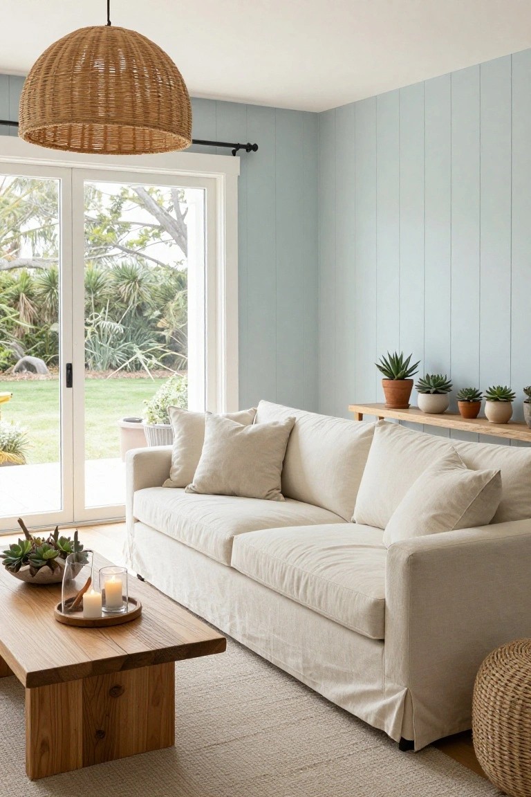 Light blue vertical paneled living room with white slipcovered sofa, wooden coffee table holding candles and plants, floating shelves with succulents, rattan pendant light, and white sliding doors to backyard garden.