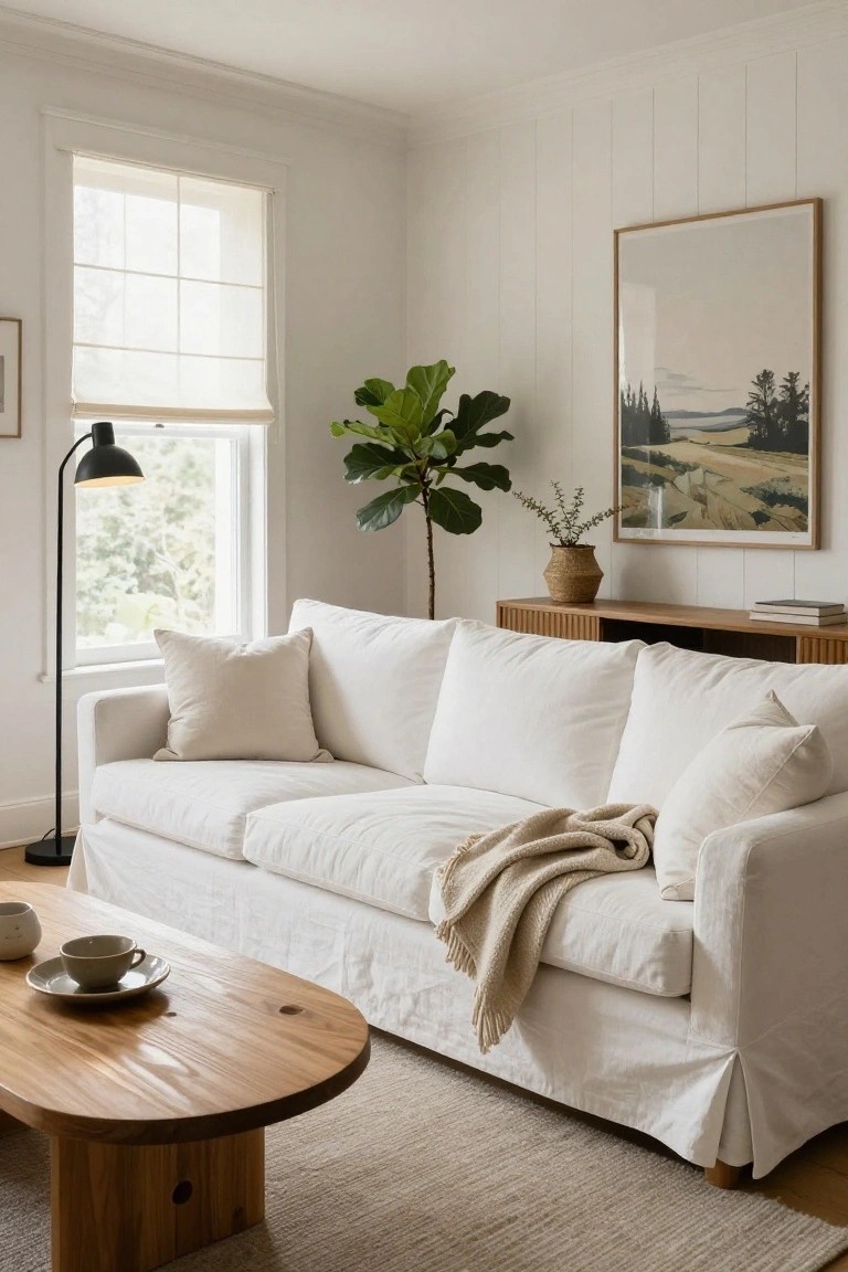 White slipcovered three-seat sofa with beige pillows and throw blanket in a light wood-floored living room featuring a wooden coffee table, potted fiddle leaf fig plant, console table, and window with sheer shades.