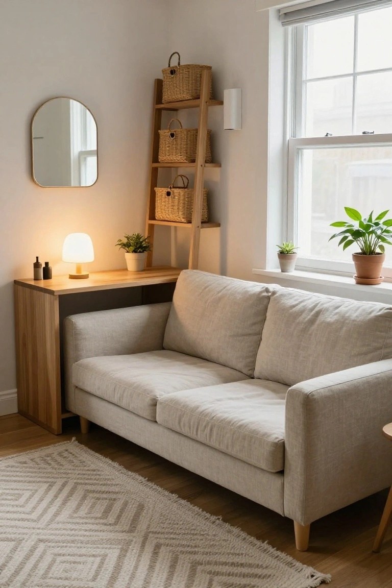 Beige linen sofa in a bright corner room with integrated wooden side table arm holding a white lamp, green plant, and bottles, next to wicker basket shelves and a window with potted plants.