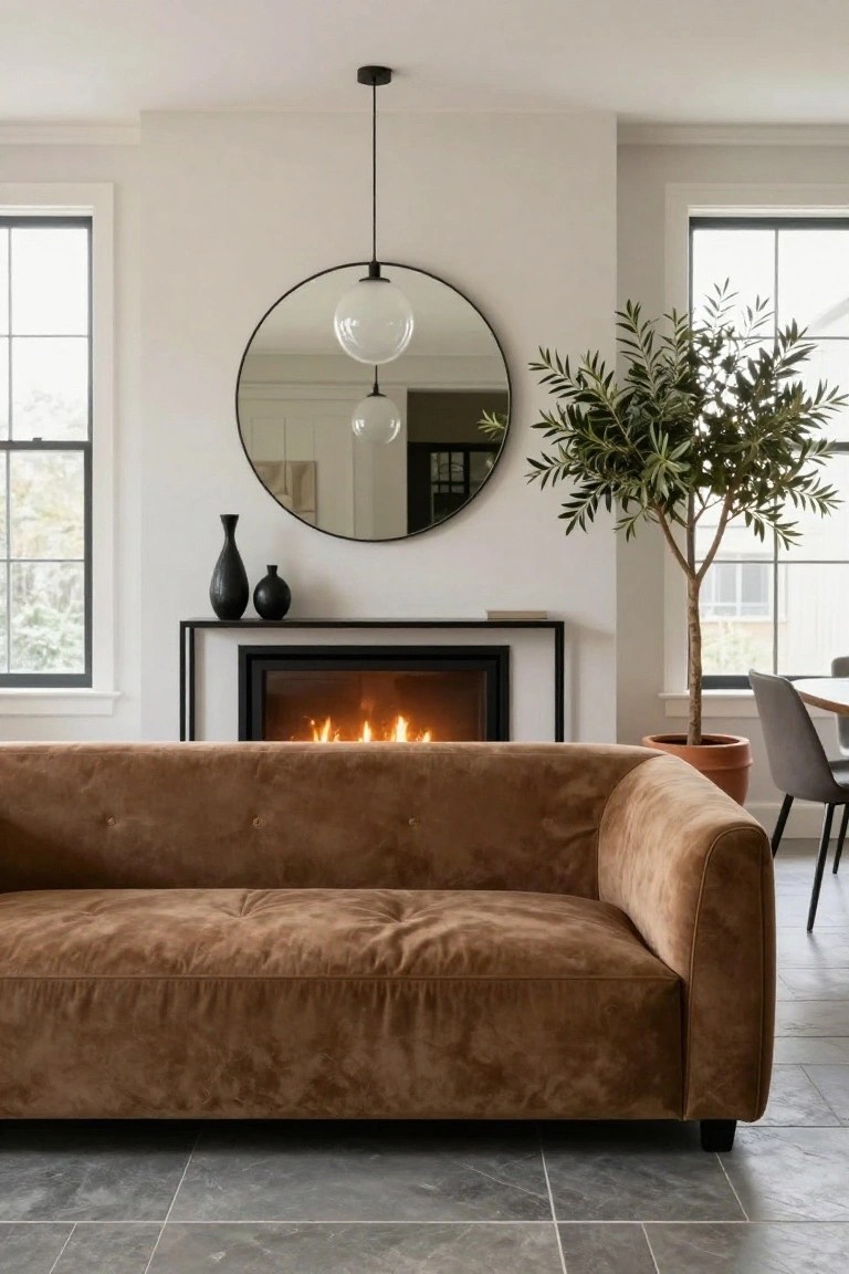 A modern living room with a large brown velvet sofa positioned in front of a black fireplace on a metal mantel, flanked by two black vases, a round black-framed mirror above, a potted olive tree to the right, gray tile floor, and a glimpse of a dining area.