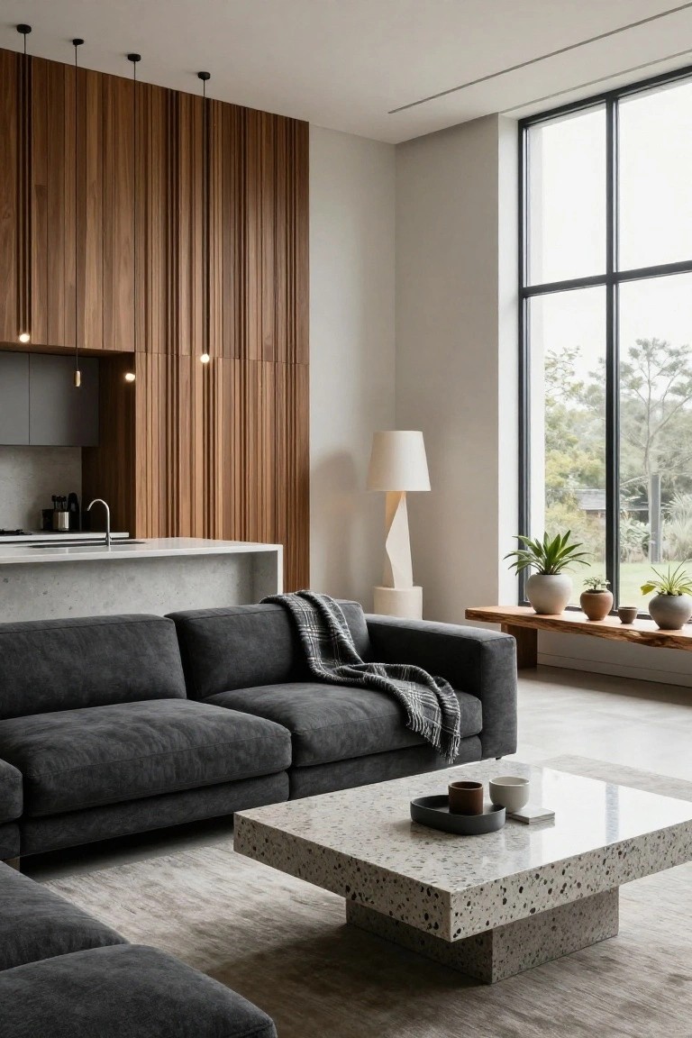 Modern living room with tall vertical wood slat wall, dark gray L-shaped sofa with throw blanket, white terrazzo coffee table, floor lamp, plants on wooden bench, kitchen island, and large window with garden view.