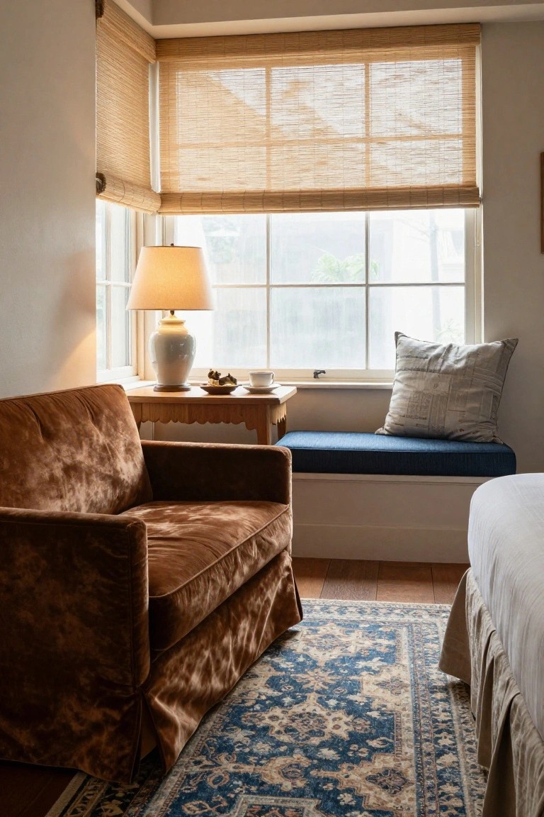 Interior view of a brown velvet sofa beside a large window with bamboo shades, next to a wooden side table holding a lamp and teacup, a blue cushioned bench below the window, and the edge of a white bed on hardwood floors with a blue Persian rug.