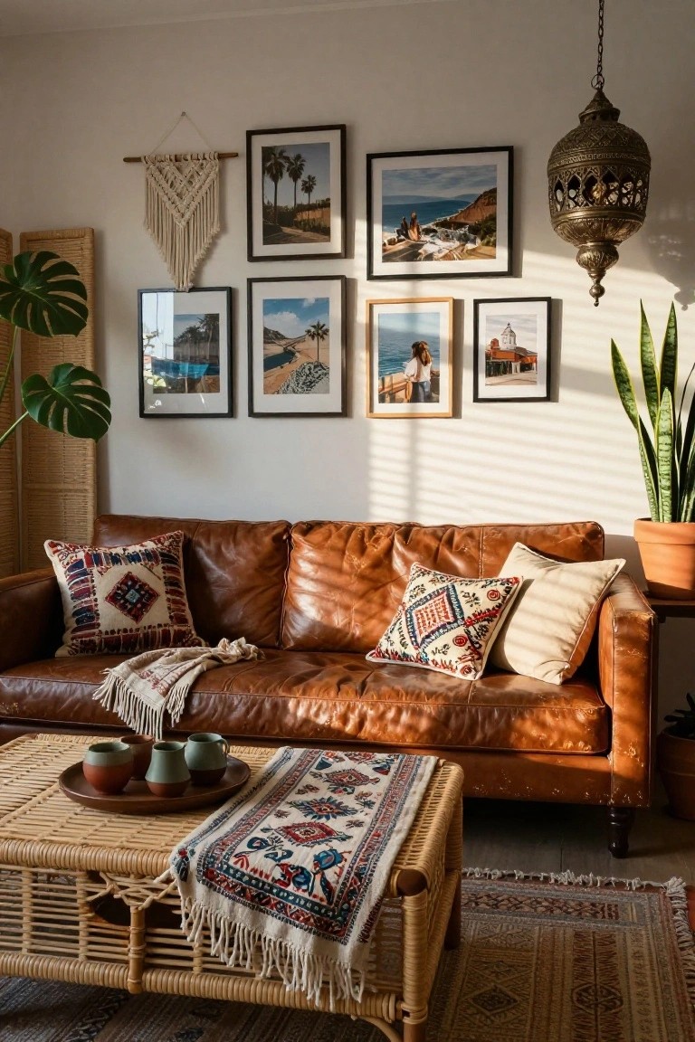 A living room with a brown leather sofa topped with patterned pillows and a throw, a rattan coffee table holding terracotta cups on a runner, monstera and snake plants, macrame hanging, wall photos, and a Moroccan-style lantern.