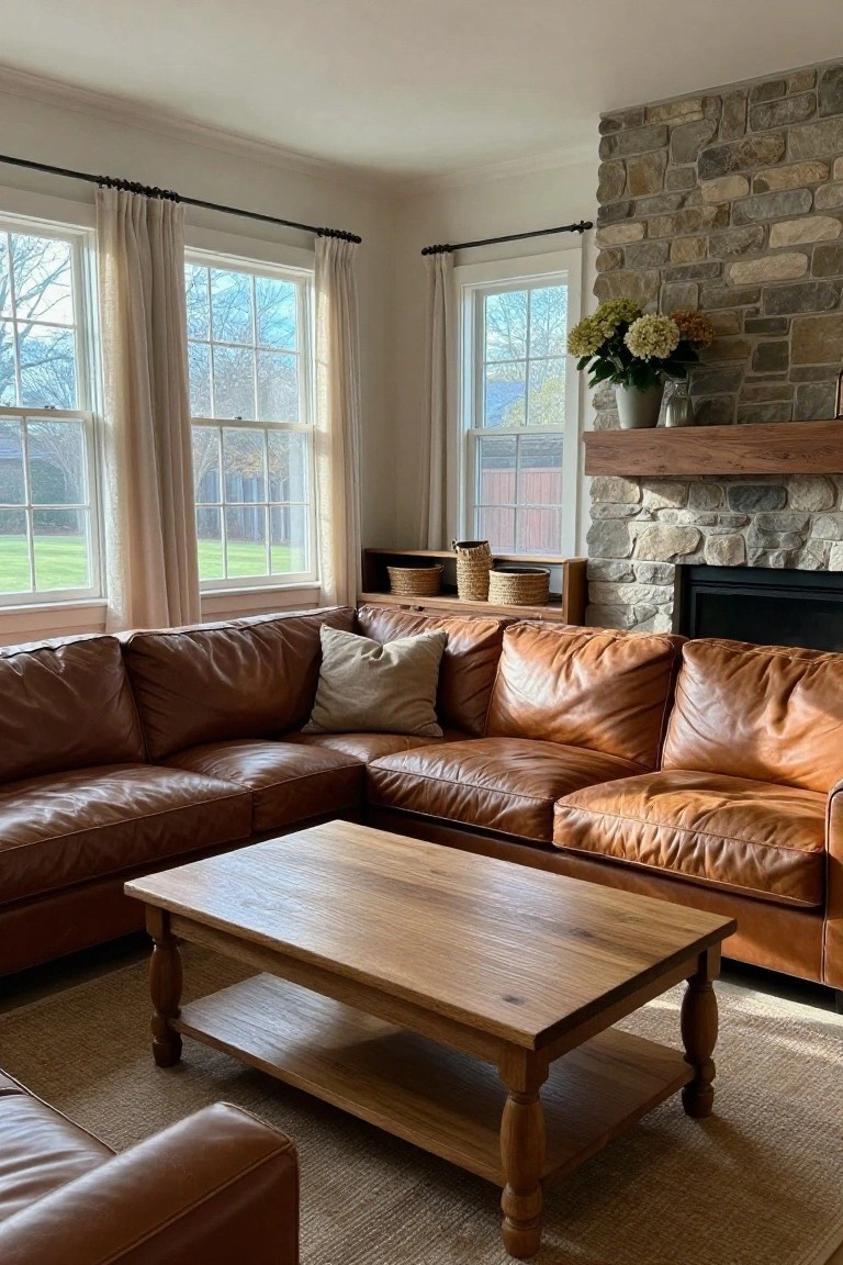 Corner of a living room with large L-shaped brown leather sofa, wooden coffee table on a rug, stone fireplace, potted plant on mantel, and large windows showing lawn outside.
