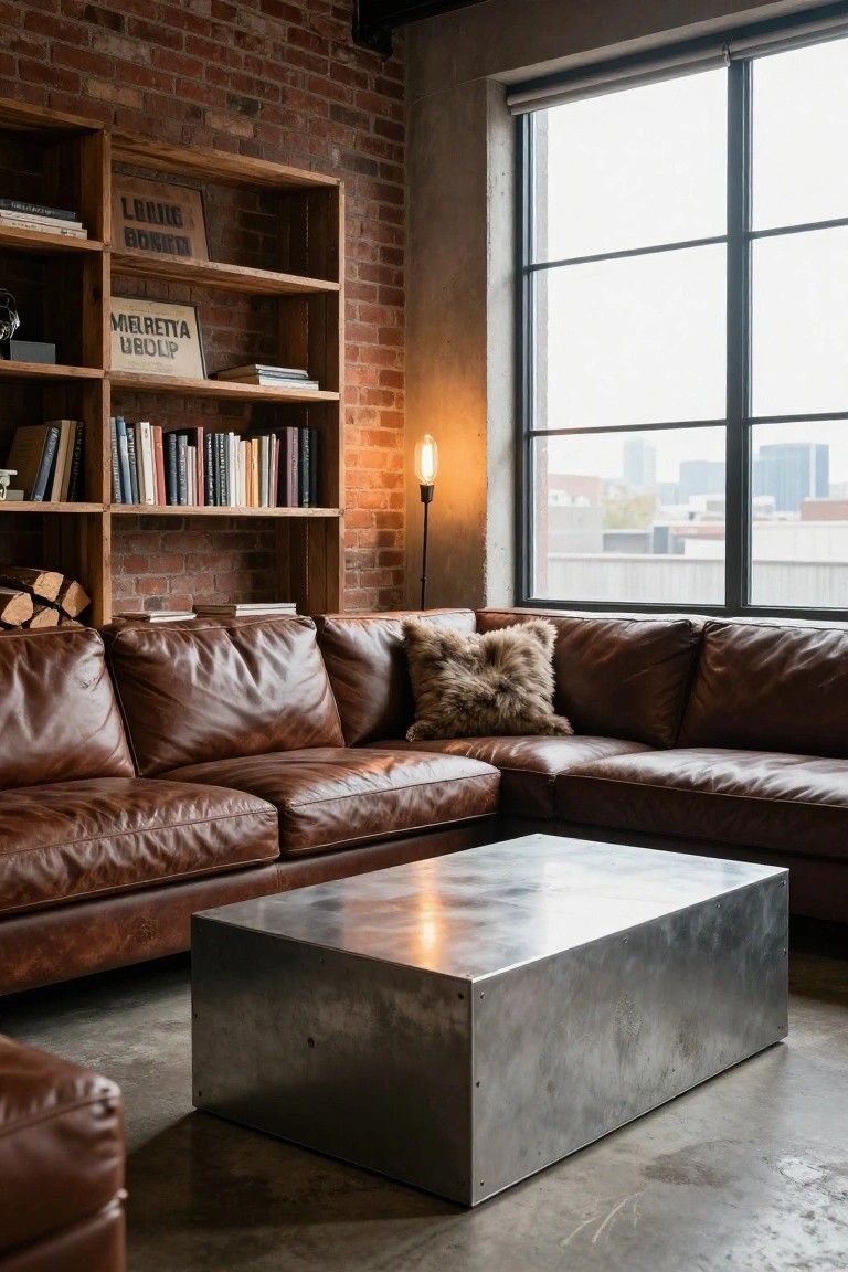 Industrial living room featuring an L-shaped brown leather sofa, metal coffee table, wooden bookshelf with books and signs against exposed brick wall, floor lamp, and large window with city view.