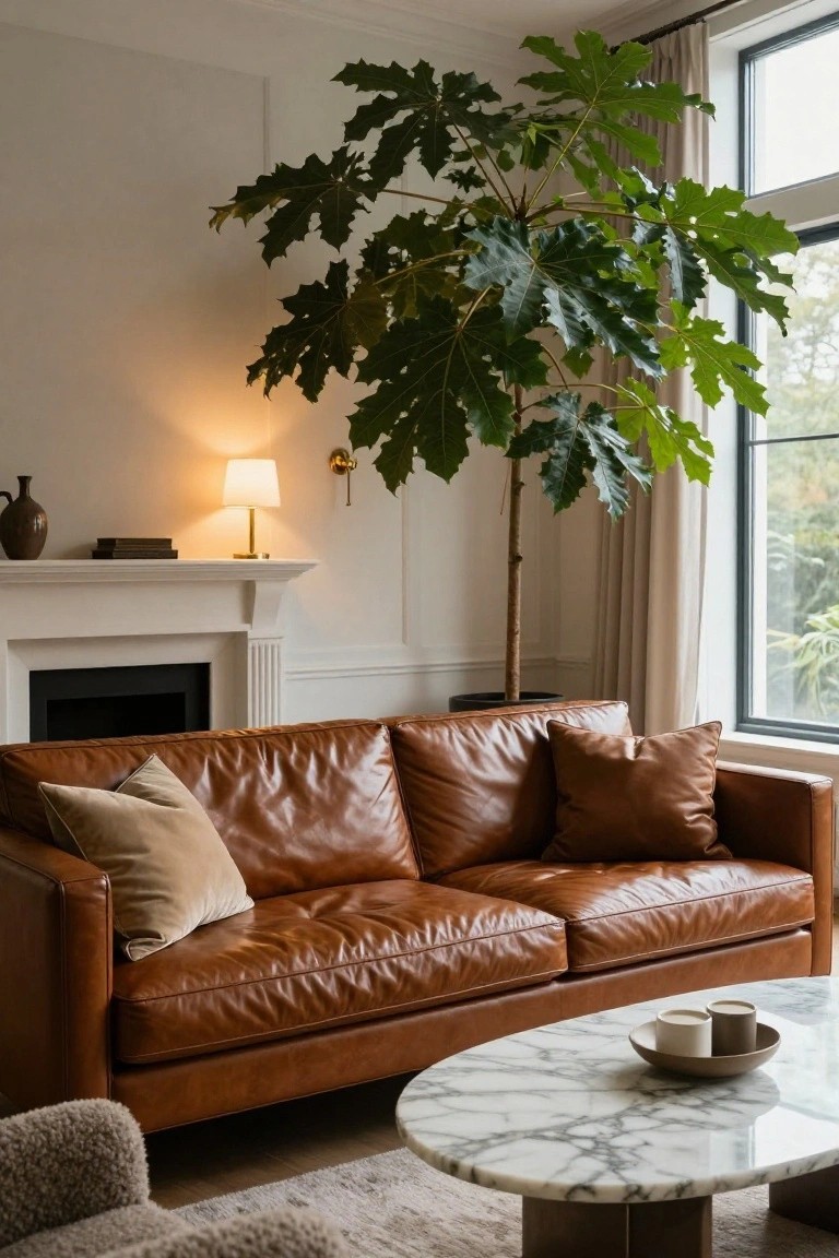 Brown leather sofa with cushions beside marble table and large leafy plant.