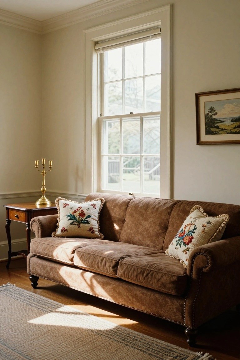 A brown leather tufted sofa with light-colored embroidered floral pillows sits in a sunlit corner of a beige room next to a large multi-pane window, with a wooden side table holding a brass candelabra and a framed landscape painting on the adjacent wall.