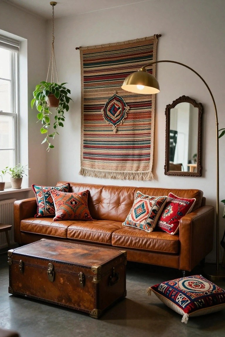 A brown leather sofa with colorful patterned pillows in reds and oranges, a large woven tapestry wall hanging, hanging plants, a vintage trunk coffee table, and an arched floor lamp in a white-walled room.