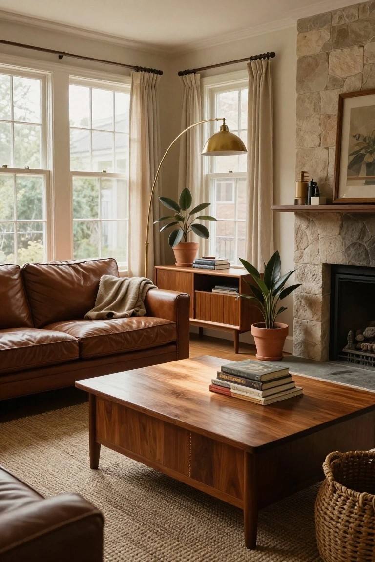 A living room interior with tan leather sofa, wooden coffee table stacked with books, mid-century credenza, potted plants, stone fireplace, and large curtained windows.