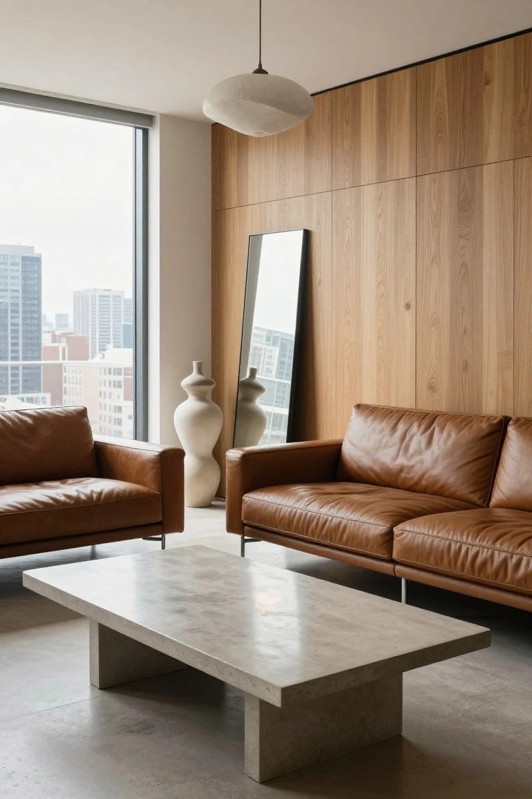 Modern living room with two brown leather sofas facing a low concrete coffee table, oak wood-paneled walls, a full-length mirror, tall white ceramic vases, and large windows showing a city skyline.