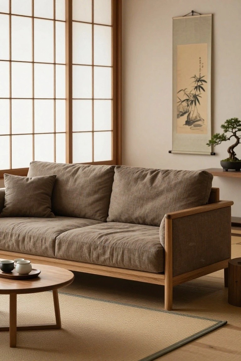 Light brown linen two-seater sofa with wooden frame in a minimalist Japanese interior with shoji screens, low round wooden table holding teacups, tatami rug, bonsai plant on shelf, and hanging ink scroll on beige wall.