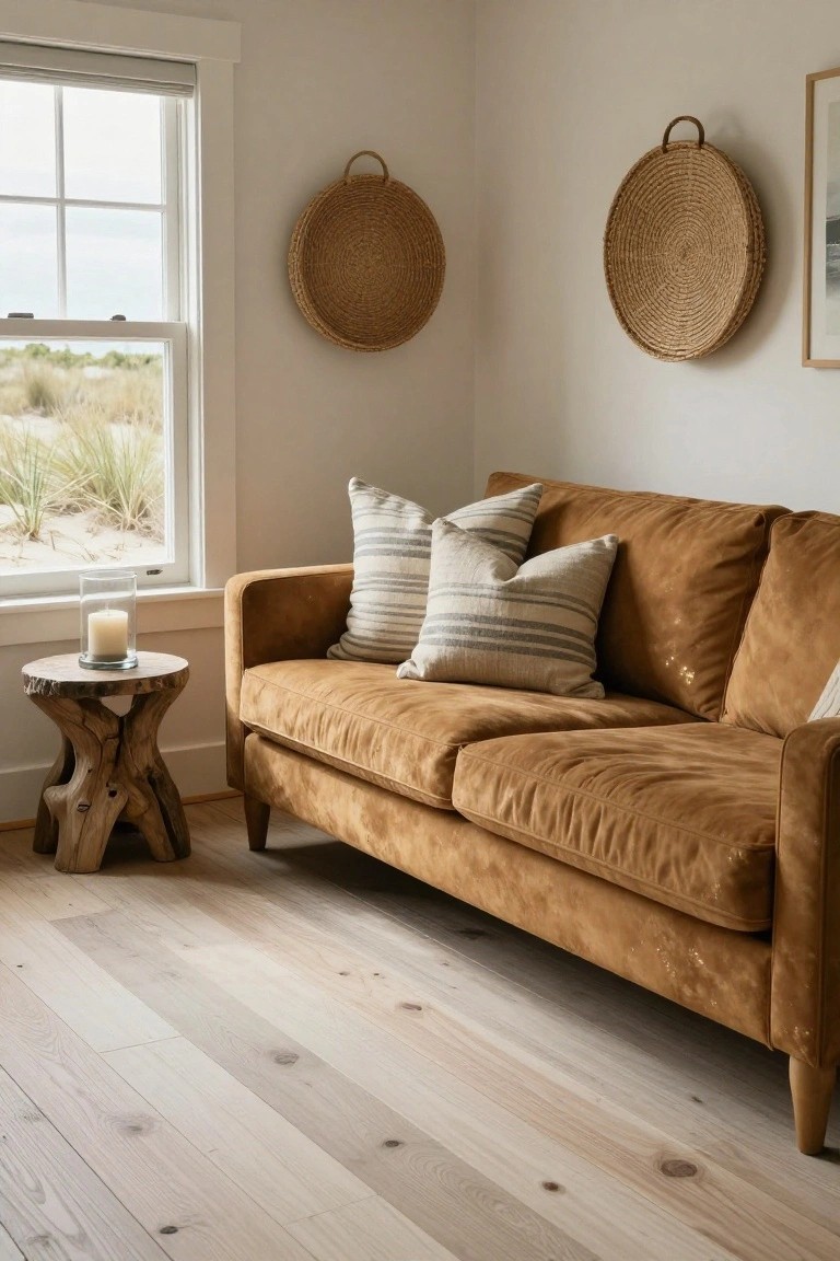 A brown velvet sofa with white and gray striped pillows in a corner room with light walls, oak floors, a wood stump side table holding a glass candle holder with lit candle, two round woven baskets on the wall, and a window showing beach dunes and grass.