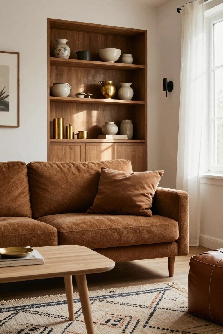 Living room with brown corduroy sofa against wooden built-in shelves displaying white and brass ceramics, light wood coffee table with books, tan leather pouf, and neutral patterned rug on hardwood floor.