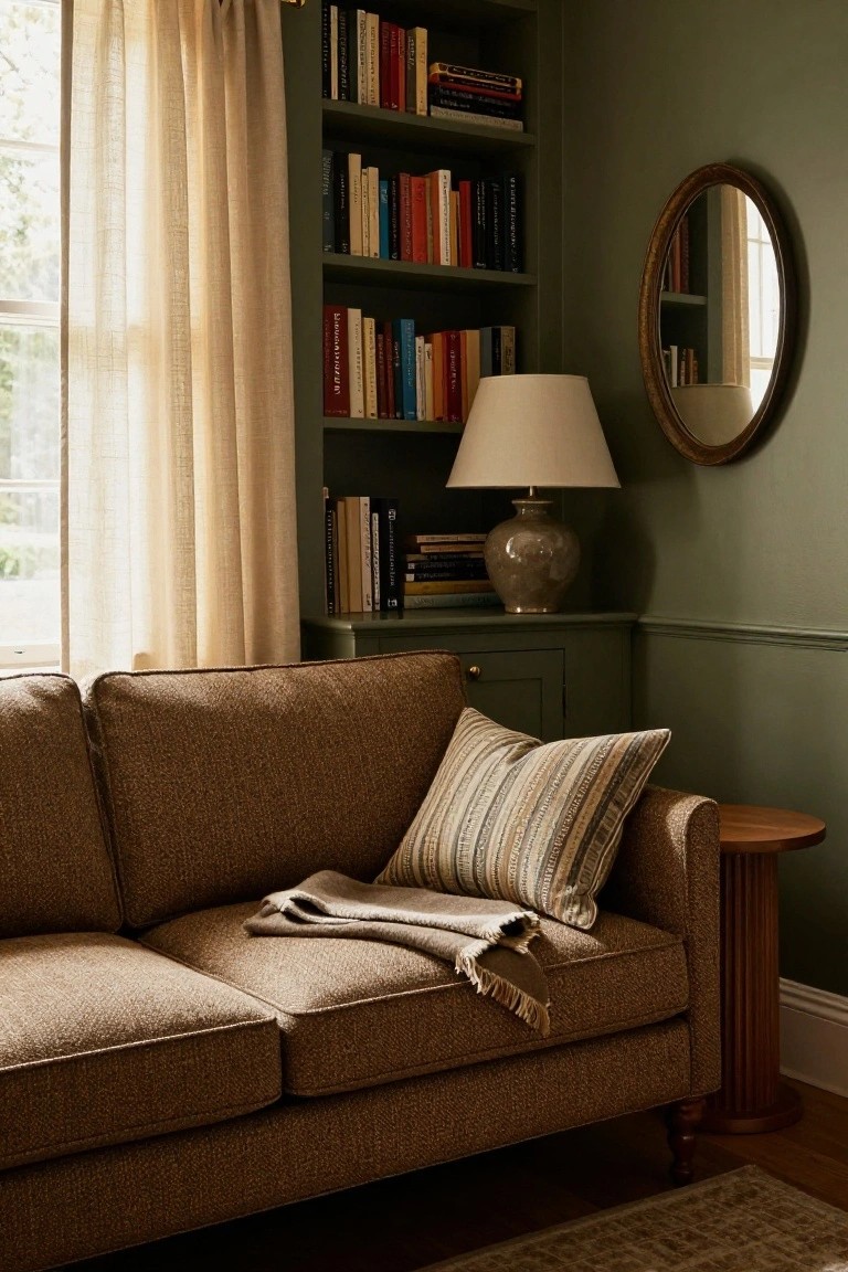 Textured brown sofa with striped pillow and throw blanket in a sage green room corner featuring built-in bookshelves, ceramic lamp on cabinet, round mirror, and window with sheer curtains.