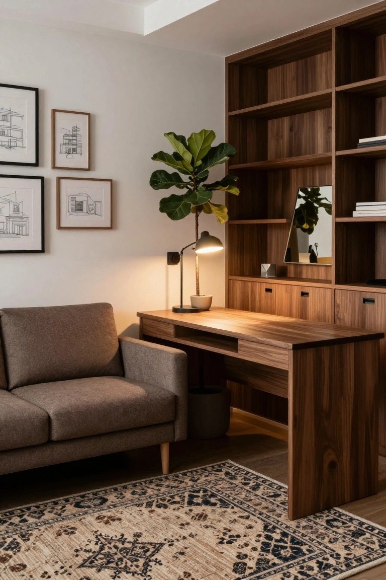 Modern interior with walnut wood built-in bookshelves and desk, adjacent gray-brown fabric sofa, potted fiddle leaf fig plant next to desk lamp, and beige patterned rug on wood floor.
