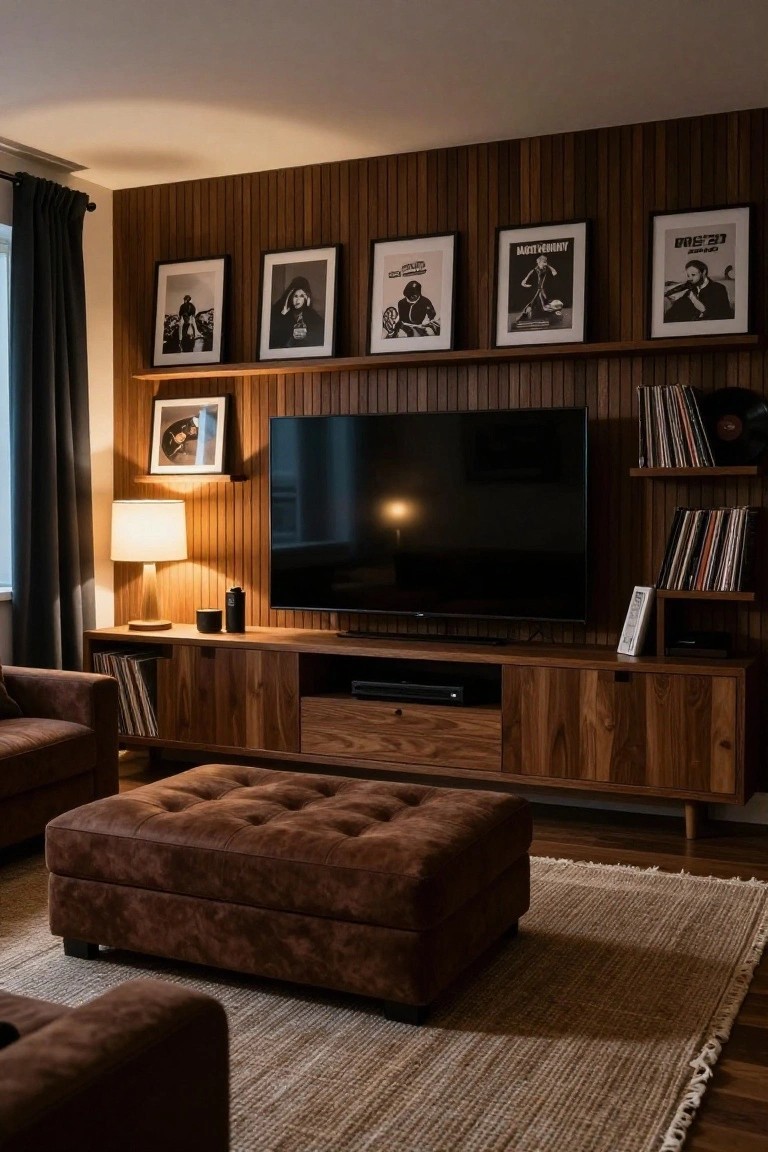 A living room with brown tufted leather sofas and ottoman, wooden media console under a TV, slat wood wall paneling, black-and-white framed posters, vinyl records, a lamp, and a seagrass rug on hardwood floors.