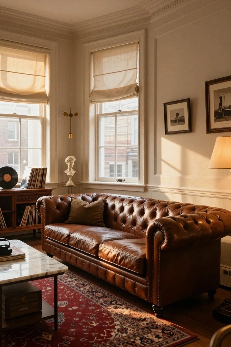 A sunlit living room corner with a brown button-tufted leather Chesterfield sofa, wooden record cabinet, marble coffee table on a red Persian rug, white plaster walls, large windows with beige linen roman shades, and framed art.