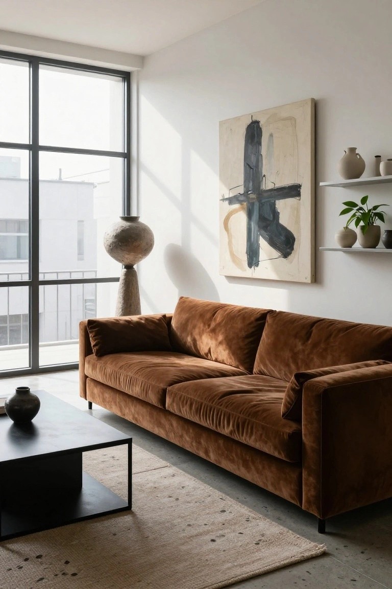 Modern living room with large brown velvet L-shaped sofa, black metal coffee table, abstract painting on white wall, ceramic vases on shelves and floor, and floor-to-ceiling windows with city view.