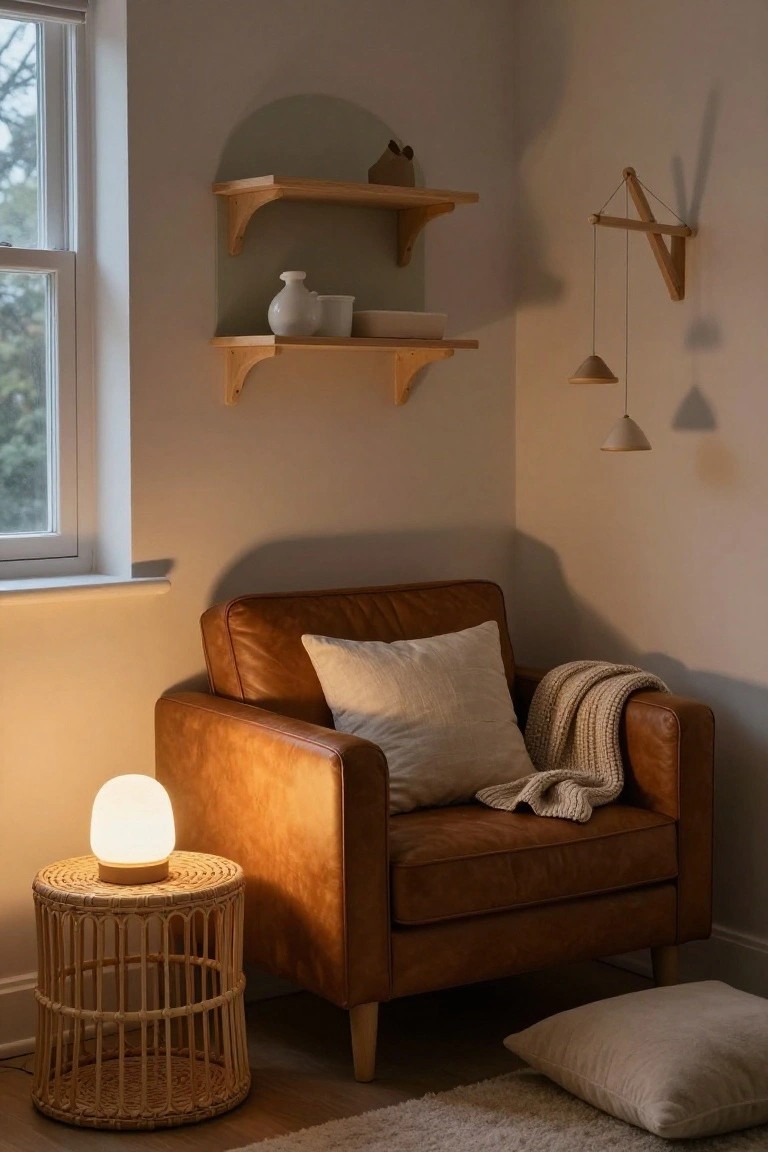 Indoor corner with brown leather armchair, white pillow and knit throw, rattan side table holding white lamp, wooden shelves with white ceramics above, neutral walls and rug, window with blinds.