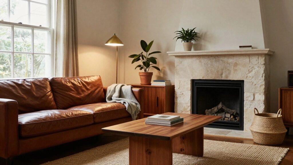 21 Beautiful Sofa Ideas With Brown Furniture That Create Warm Harmony A living room interior with tan leather sofa, wooden coffee table stacked with books, mid-century credenza, potted plants, stone fireplace, and large curtained windows.